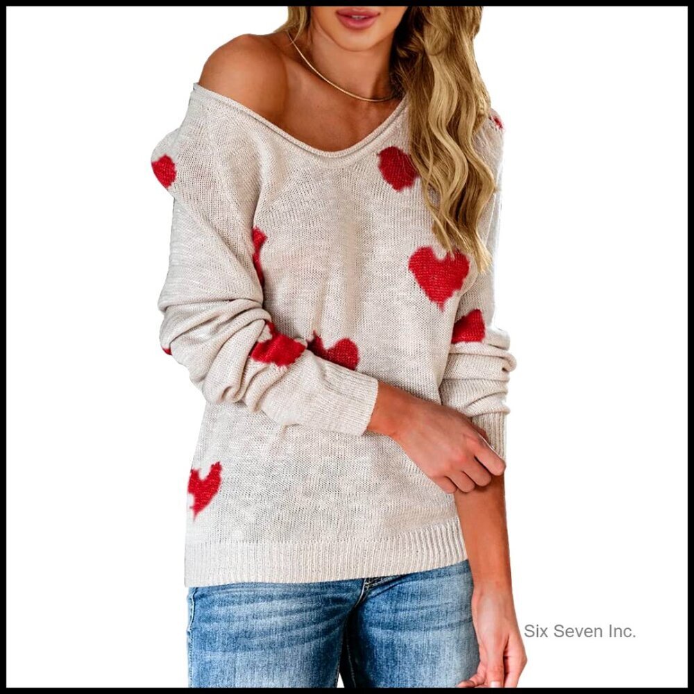 Oversized Heart Print Pullover Sweater Knitted Slouchy Off Shoulder Top